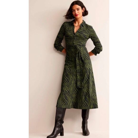 Boden Dresses & Skirts - Boden Laura Jersey Midi Shirt Dress in Striking Green & Black Animal Stripe, 10L